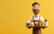 © Who is Santi - A 3D cartoon emoji of a barista holding a tray with various coffee beverages, wearing an apron and a cheerful expression, representing customer satisfaction