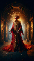 a red cloaked undead warrior, wearing a golden sun crown