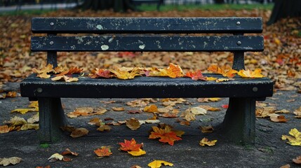 Wall Mural - Autumn leaves on a park bench