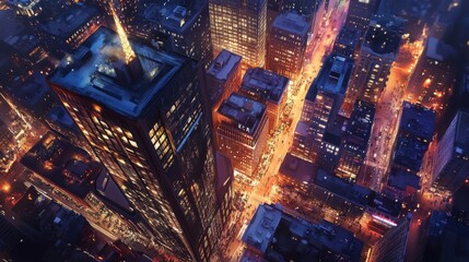 Canvas Print - Birdâ€™s-eye perspective of a vibrant city center with bustling nightlife.