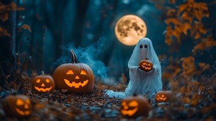 Wall Mural - a creepy vintage halloween scene with a ghost holding a pumpkin, glowing jack-o'-lanterns, and a ful