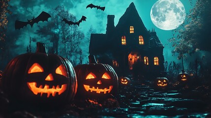 Poster - a folk art halloween night, showcasing glowing jack-o'-lanterns, a haunted house, and bats flying un