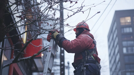 worker is carefully cutting branches from ladder, showcasing dedication and skill in urban environment. scene captures essence of hard work and attention to detail