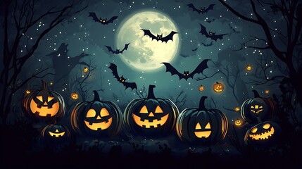 Wall Mural - a spooky halloween night scene in vintage folk art style, featuring glowing jack-o'-lanterns and bat