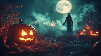 Wall Mural - a spooky halloween night scene in vintage folk style with glowing pumpkins, a ghostly figure, and a 