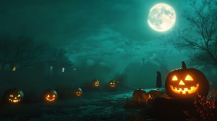 Wall Mural - a spooky halloween night scene in vintage folk style with glowing pumpkins, a ghostly figure, and a 