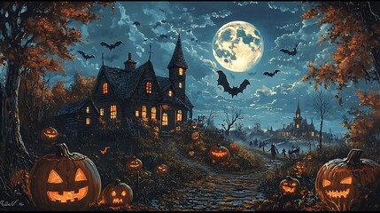 Wall Mural - a spooky halloween scene in vintage folk art style, featuring grinning pumpkins, bats, and a haunted