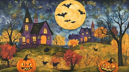 Wall Mural - a spooky halloween scene in vintage folk art style, featuring grinning pumpkins, bats, and a haunted