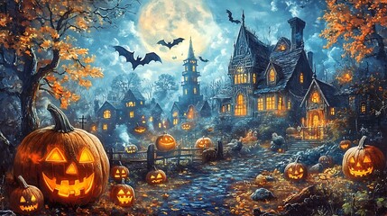 Wall Mural - a spooky halloween scene in vintage folk art style, featuring grinning pumpkins, bats, and a haunted