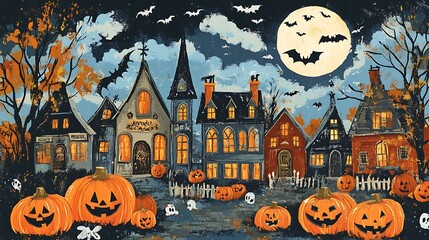 Wall Mural - a spooky halloween scene in vintage folk art style, featuring grinning pumpkins, bats, and a haunted