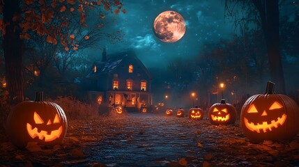 Wall Mural - a vintage halloween night scene with a full moon, haunted houses, and glowing jack-o'-lanterns linin