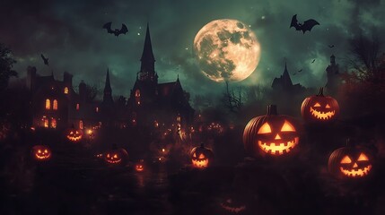 Wall Mural - a vintage halloween night, showcasing a haunted village with glowing jack-o'-lanterns and bats flyin