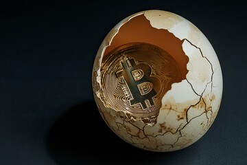 Bitcoin is in egg shell on black background with generative ai