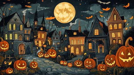 Wall Mural - a vintage folk art-style halloween night with haunted houses, grinning jack-o'-lanterns, and a full 