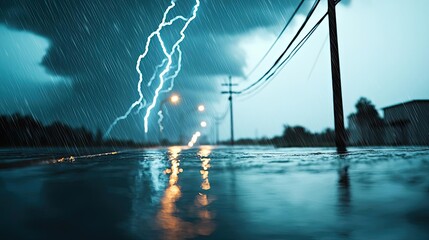 Lightning strikes during a storm, water pooling on the road, dramatic weather scene.