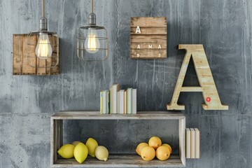 A rustic industrial interior design with wooden shelves. lamps. and a large letter A