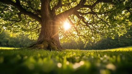 Poster - Majestic tree with sunlight shining through lush green leaves, serene natural setting.
