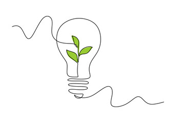 Wall Mural - eco-friendly light bulb with leaf continuous line art for green energy promotion