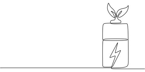 Wall Mural - Sustainable Energy Icon: Battery with Lightning Bolt and Leaf in One Line Drawing