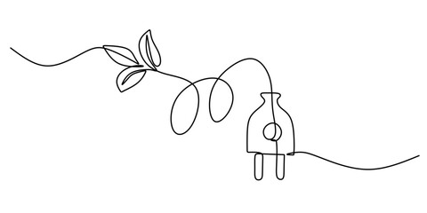 Wall Mural - Eco-Friendly Electrical Plug with Leaf Icon in Continuous Line Drawing for Green Energy Solutions