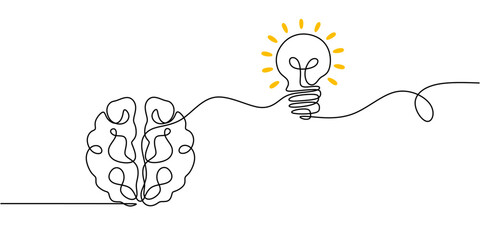 Wall Mural - continuous line drawing of brain with light bulb creative idea concept minimalist vector illustratio
