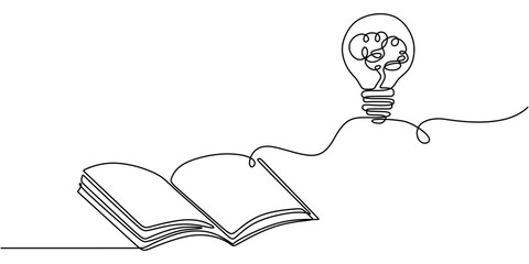 Wall Mural - continuous line drawing of open book brain and light bulb for education concept
