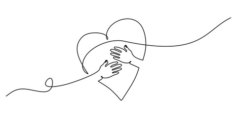 Wall Mural - Continuous Line Drawing of Hands Hugging Heart Minimalist Love Concept Vector Illustration