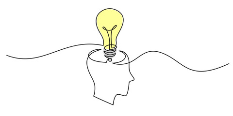 Wall Mural - continuous line drawing of light bulb head concept for creative ideas minimalist vector illustration