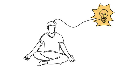 Wall Mural - meditating man with light bulb continuous line art for inspiration and ideas minimalist design