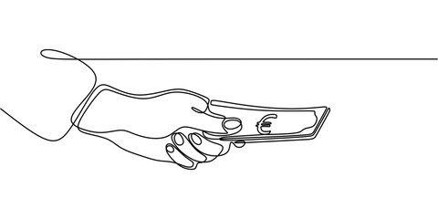 Wall Mural - Continuous Line Drawing of Hand Holding Money for Banking and Finance Concepts