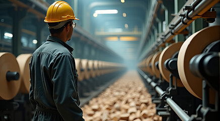 A man in a yellow helmet stands in a factory with a machine in front of him