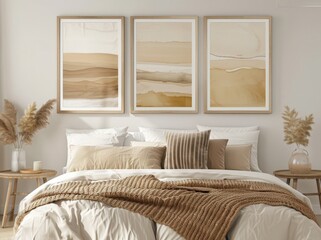 A modern bedroom interior with a beige bedspread. pillows. and two wooden nightstands with pampas grass and vases Three framed abstract paintings in brown and beige tones hang on the wall