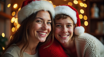 Wall Mural - Two women wearing santa hats and smiling at the camera