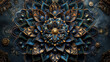 © OMGAi - Intricate floral mandala design featuring deep blue and gold tones, showcasing detailed patterns and textures that evoke sense of harmony and elegance
