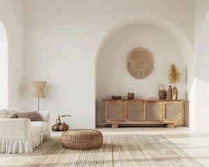 A white sofa. a woven ottoman. a rattan cabinet. and a woven wall hanging decorate a modern minimalist living room