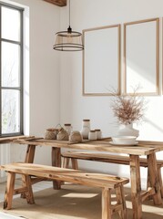 Minimalist dining room with wooden table. benches. and two framed pictures There's a large window with natural light streaming in. a rug on the floor. and decorative elements on the table