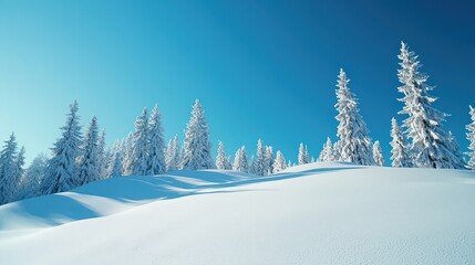 Wall Mural - A serene snow-covered mountain landscape adorned with tall pine trees under a clear blue sky, inviting a sense of tranquility and winter beauty.