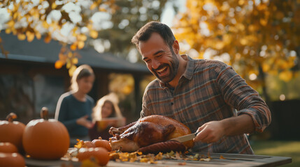 Wall Mural - A man is cutting a turkey in front of a table full of pumpkins