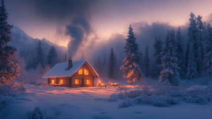 Canvas Print - Cozy cabin with smoke rising from the chimney