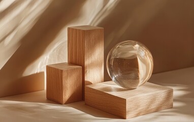 Elegant composition of two glass spheres on three wooden blocks with soft sunlight casting gentle shadows on a beige background