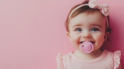 Wall Mural - A happy baby girl with a pacifier and a cute pink bow is smiling joyfully, creating a delightful atmosphere in a softly lit space. Generative AI