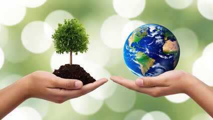 two hands hold a tree and earth, set against a soft green background, symbolizing environmental cons