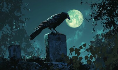 Wall Mural - Raven on tombstone under moonlight.