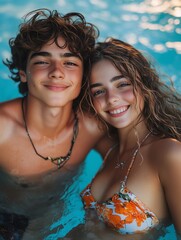 portrait of a guy with a girl in a pool at a LGBT party