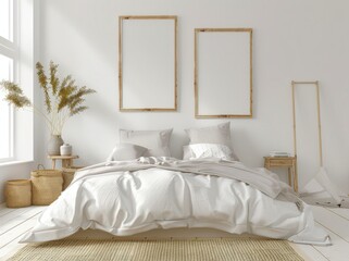 Minimalist bedroom interior design with a large bed. two empty frames. a bedside table. a woven basket. a vase of dried grass and a wooden floor