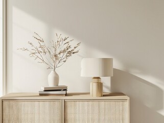 A minimalist wooden cabinet with a vase of dried flowers and a lamp on top. with sunlight streaming in from a window