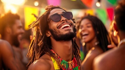 Group of friends celebrating outdoors with laughter and joy, highlighting vibrant summer colors and a festive atmosphere.