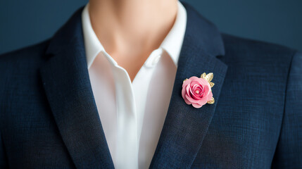 Elegant business attire featuring a dark suit and a pink boutonniere, ideal for weddings, formal events, or professional photoshoots.