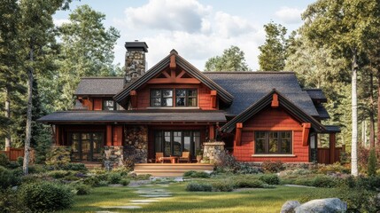 Poster - Craftsman lodge with handcrafted wood details.