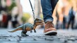 © Dmitry - A whimsical scene unfolds as an individual strolls with a dinosaur toy on a leash, merging playful imagination with everyday city life